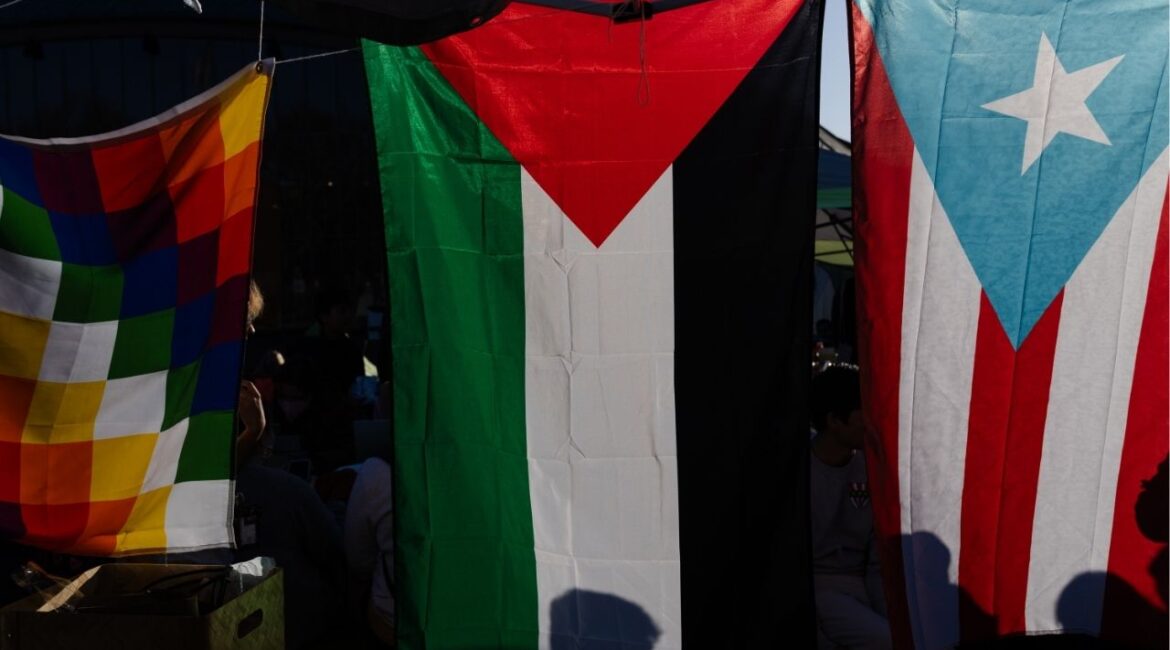 A Palestinian flag, center, flies at a pro-Palestinian encampment at the Massachusetts Institute of Technology in Cambridge, Mass., April 22, 2024. More than a dozen House Democrats have signed a draft letter urging the Trump administration to recognize a Palestinian state, and the leader of the effort said on Monday, Aug. 4, 2025, that he planned to introduce a resolution to codify the push. (Sophie Park/The New York Times)