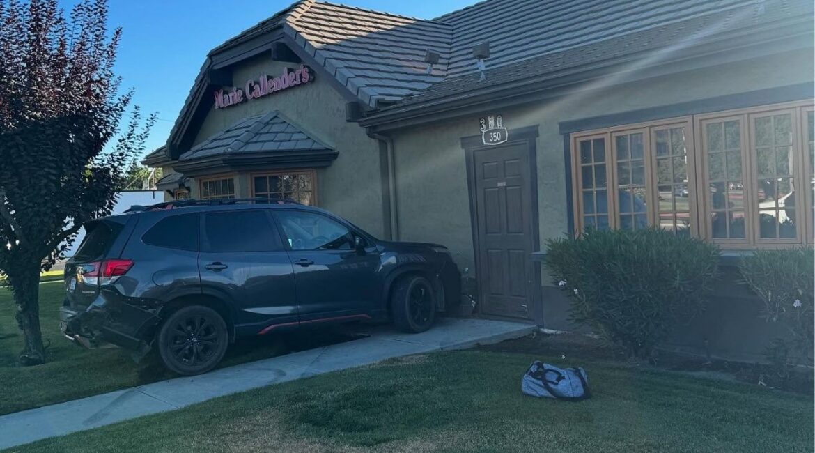 A driver ran a red light in Visalia on Wednesday, August 6, 2025, morning, causing a crash that sent another vehicle into a Marie Callender’s restaurant, police said. (Visalia PD)