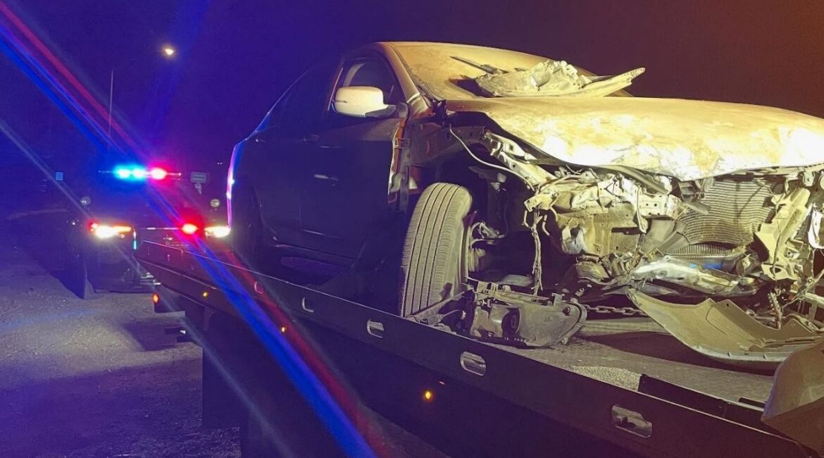 A driver was arrested on suspicion of DUI after veering off Fowler Avenue, plowing through a fence and crashing into an embankment near Highway 99 on Friday, August 23, 2025, police said. (Fowler PD)