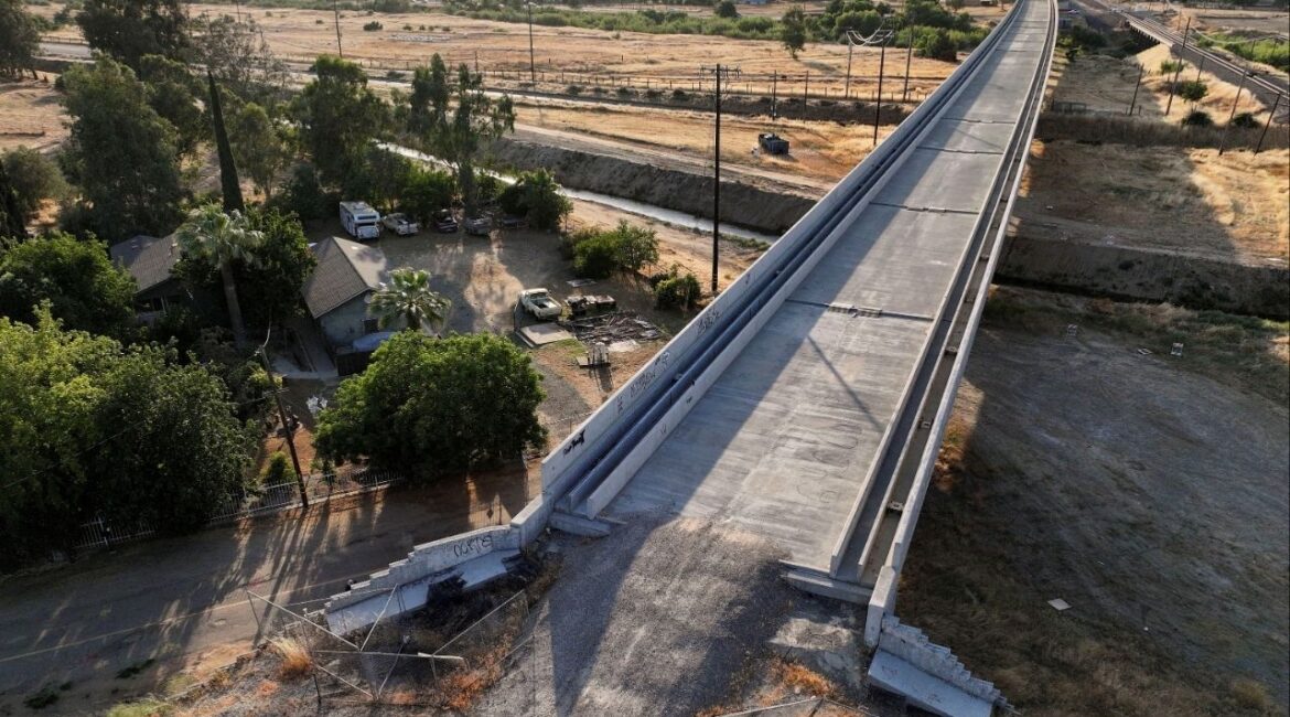A drone view of a California High-Speed Rail Bridge as it crosses over the Fresno River in Madera, California, U.S. June 7, 2025. (Reuters File)