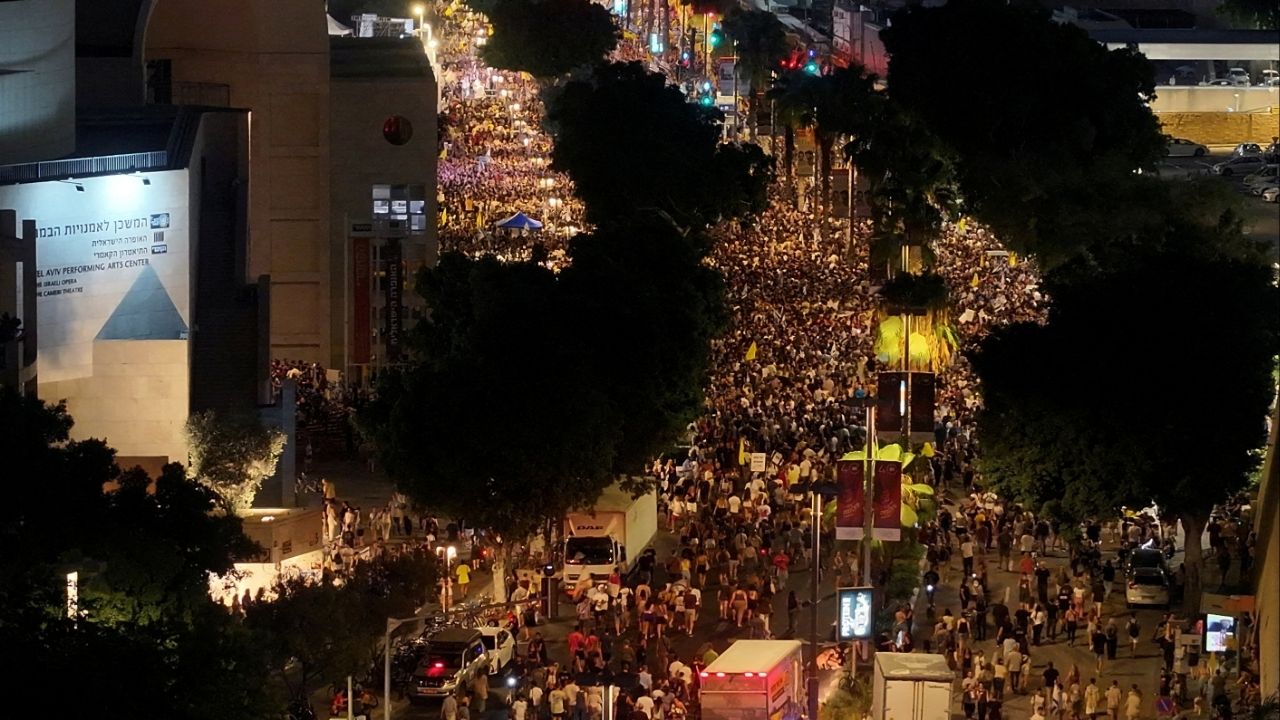 A drone view shows people protesting after families of hostages called for a nationwide strike to demand the return of all hostages and an end to the war in Gaza, in the area of the so-called Hostages Square, in Tel Aviv, Israel August 17, 2025. (Reuters File)