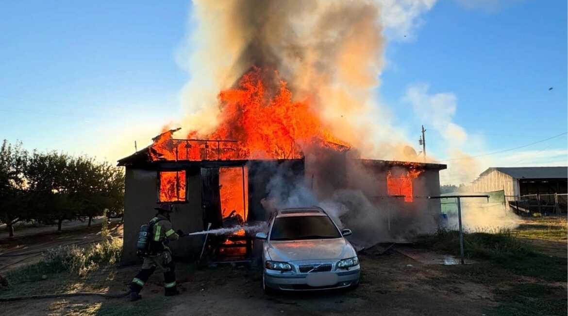 A house fire south of Selma on Monday, August 4, 2025, morning displaced two adults and injured a dog, with the cause under investigation. (CalFire)