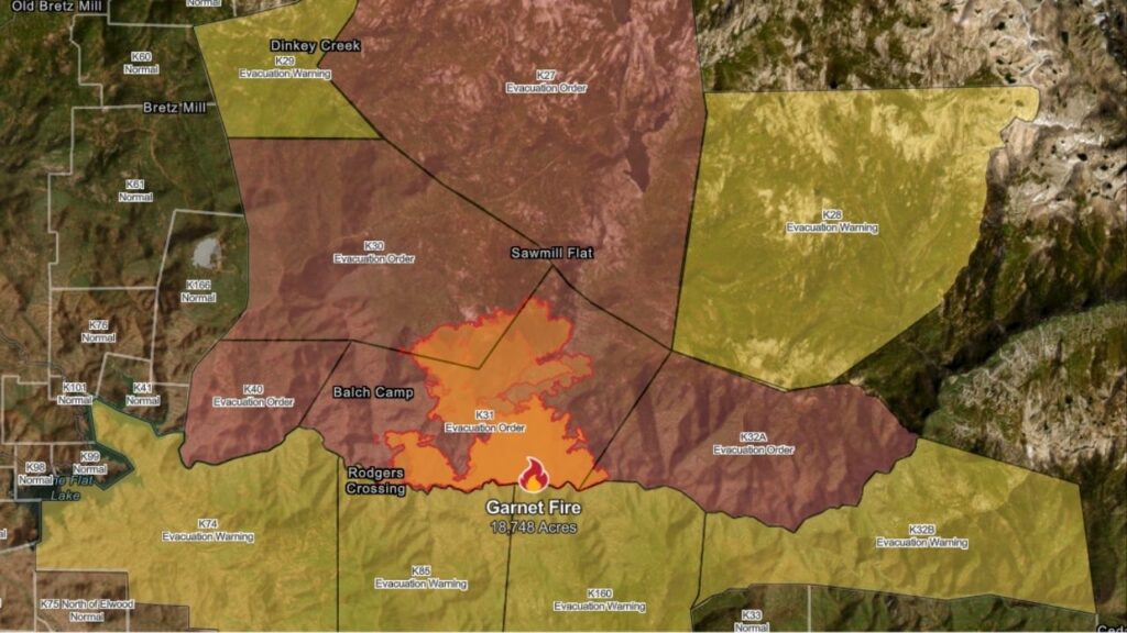 A map of the Garnet Fire and all areas currently under evacuation orders, warnings as of Sunday, Aug. 31, 2025, morning. (CalFire)