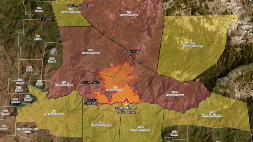 A map of the Garnet Fire in Fresno County, showing current evacuation orders, warnings as of Saturday, Aug. 30, 2025, morning. (CalFire)