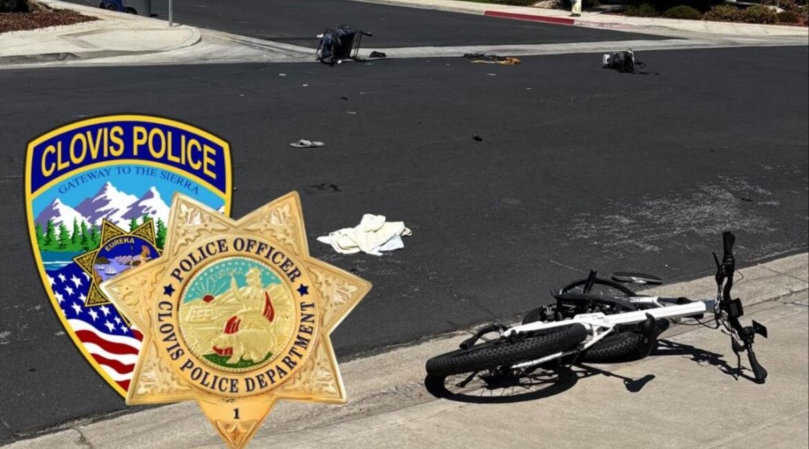 A teenager on an electric bicycle was seriously injured Wednesday August 13, 2025, in a collision with a pickup truck at a Clovis intersection, police said. (Clovis PD)