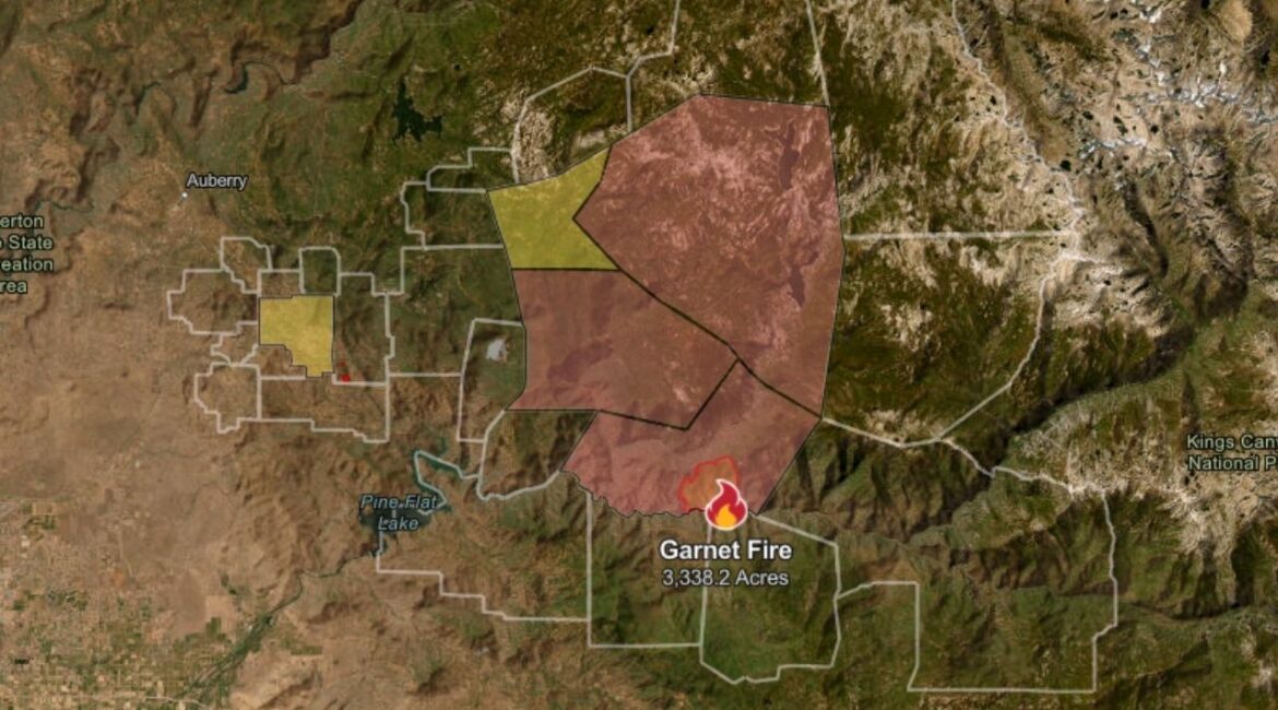 A wildfire known as the Garnet Fire has burned 3,338 acres in the Sierra National Forest since it broke out Thursday, August 23, 2025, night, forcing evacuations in parts of Fresno County, officials said. (CalFire)