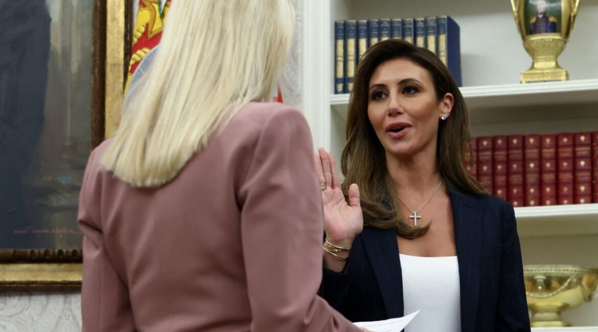 Alina Habba is sworn in as interim U.S. Attorney for the District of New Jersey by U.S. Attorney General Pam Bondi, in the Oval Office at the White House in Washington, D.C., U.S., March 28, 2025. (Reuters File)
