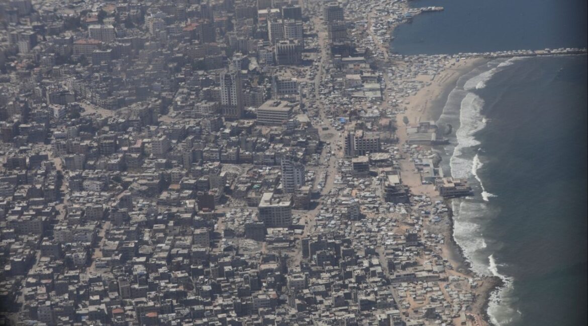 An aerial view from a Jordanian military aircraft shows the Gaza Strip, before humanitarian aid is airdropped over it, in Gaza, August 17, 2025. (Reuters File)