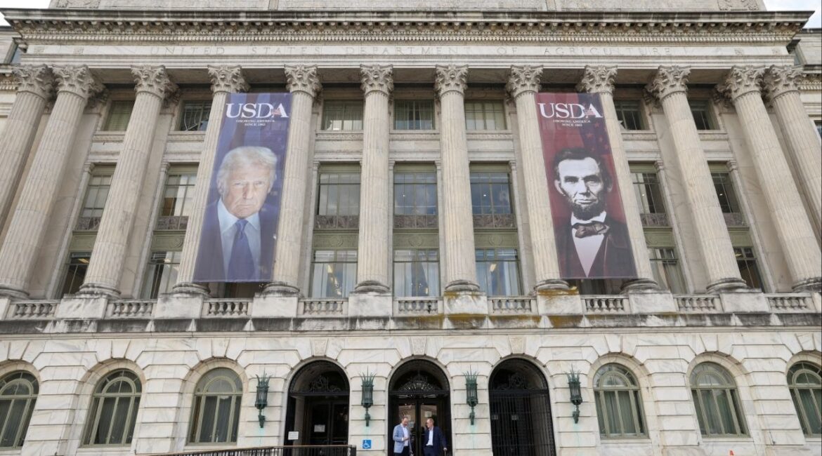 Banners of U.S. President Donald Trump and President Abraham Lincoln reading "Growing America Since 1862" hang over the entrance to the United States Department of Agriculture (USDA) in Washington, D.C., U.S., May 15, 2025. (Reuters File)