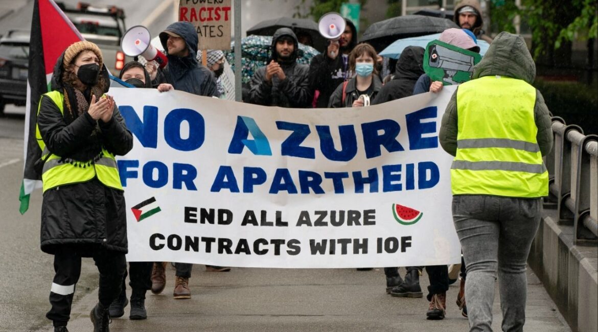 Demonstrators march in support of Palestinians in Gaza near the Microsoft Build conference, during the ongoing conflict between Israel and the Palestinian Islamist group Hamas, to call for the termination of Microsoft’s Azure contracts with Israel in Seattle, Washington, U.S. May 21, 2024. (Reuters File)