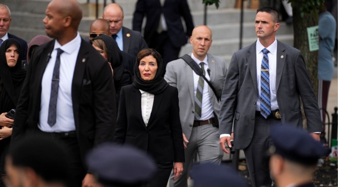 Gov. Kathy Hochul of New York at the funeral for Didarul Islam, a police officer killed in a shooting in Midtown Manhattan, at Parkchester Jame Masjid in The Bronx, N.Y. on Thursday, July 31, 2025. In a social media back-and-forth, Gov. Kathy Hochul of New York replied to Senator Ted Cruz of Texas that “anyone with basic decency” would respect the officer’s Muslim faith. (Vincent Alban/The New York Times)