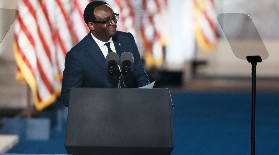 Howard University President Ben Vinson III speaks during an election night event for Vice President Kamala Harris', the Democratic presidential nominee, at Howard University in Washington, on Nov. 5, 2024. Howard University said Friday that its president would leave his job at the end of the month after a tenure that lasted only two years, among the shortest stints in the school’s history. (Ruth Fremson/The New York Times)