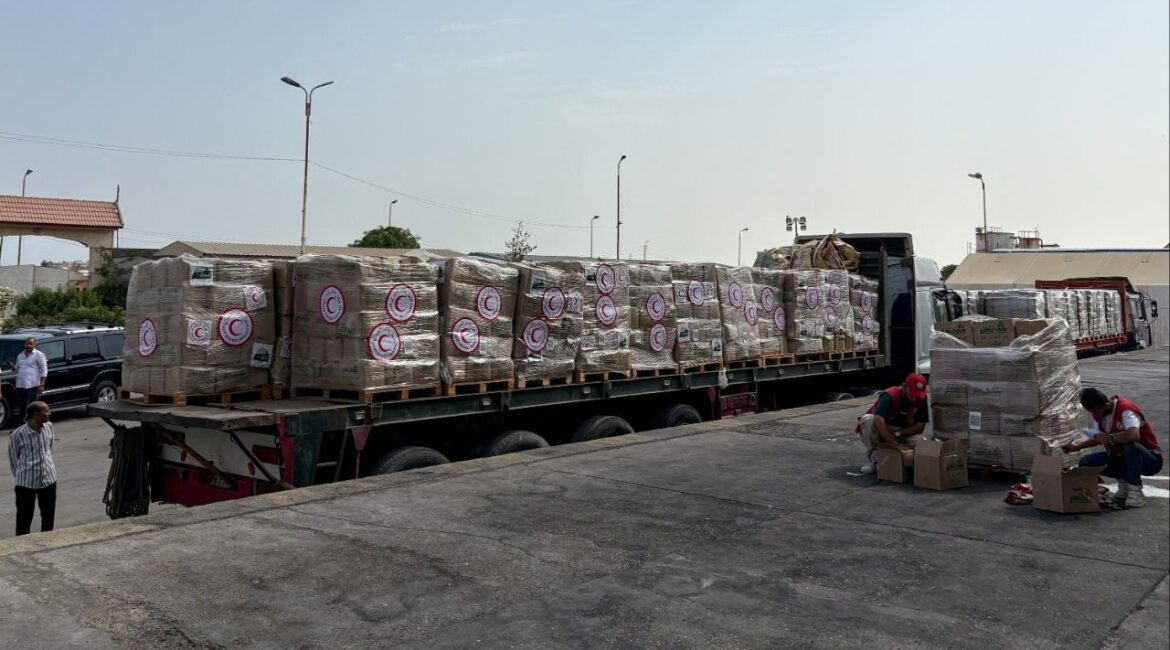 Humanitarian aid waits to be delivered to Gaza, at a logistics site run by the Egyptian Red Crescent outside Arish, Egypt, August 11, 2025. (Reuters File)