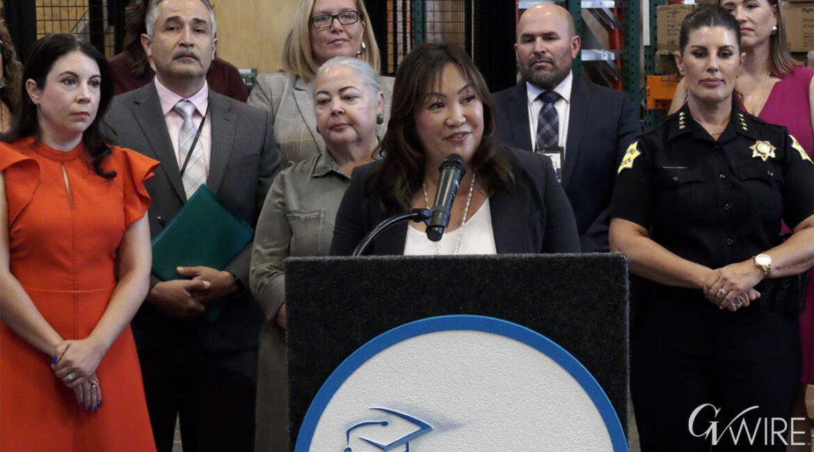 Fresno Unified School District Superintendent Misty Her speaks at a press conference outlining the district’s back-to-school agenda.1280x720