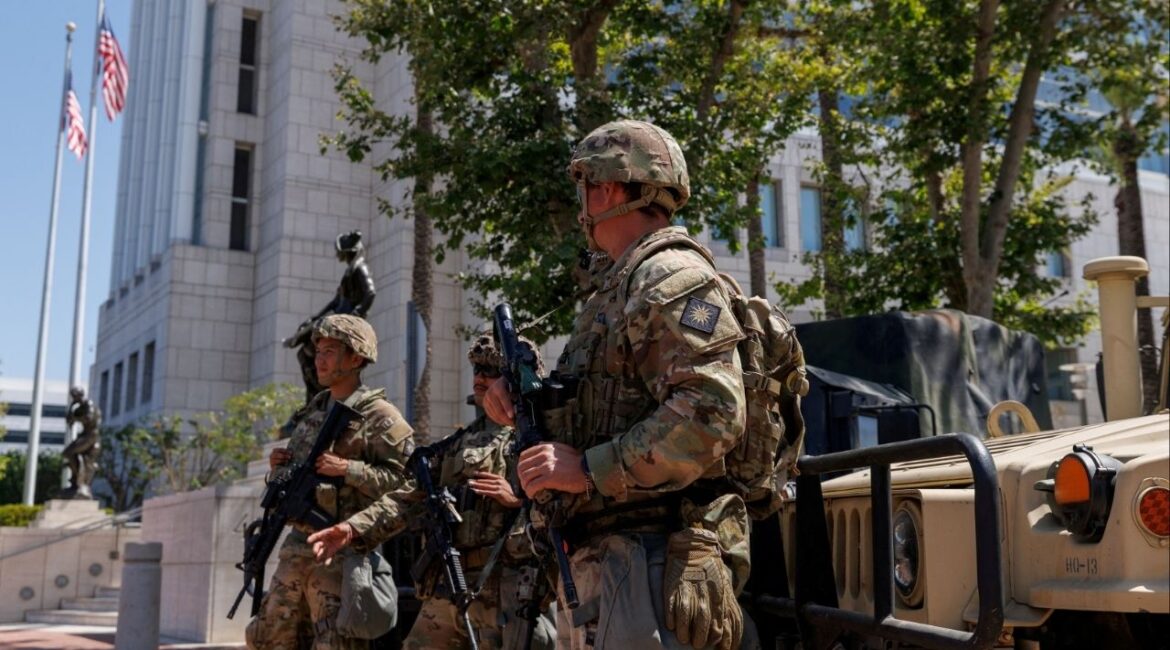 Members of the California National Guard are deployed outside a complex of federal buildings in Santa Ana, California, U.S. June, 18, 2025. (Reuters File)