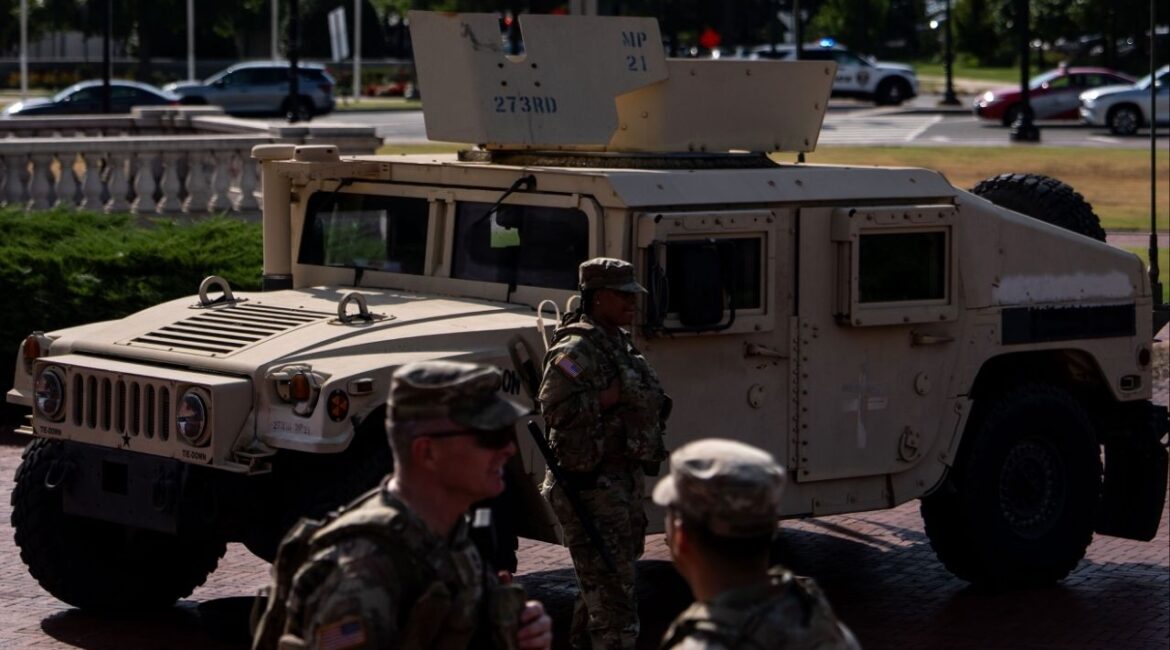 Members of the National Guard stationed outside Union Station in Washington, on Thursday morning, Aug. 14, 2025. All 800 National Guard troops whom President Trump ordered into the streets of Washington this week to fight crime have mobilized for duty, the Pentagon said on Thursday. (Kent Nishimura/The New York Times)