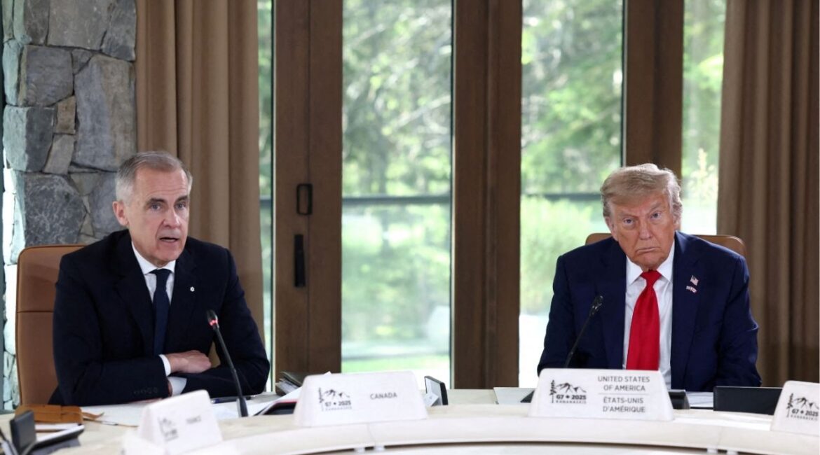 President Donald Trump and Canadian Prime Minister Mark Carney attend a meeting with G7 leaders and guests, at the G7 summit in Kananaskis, Alberta, Canada, June 16, 2025. (Reuters File)
