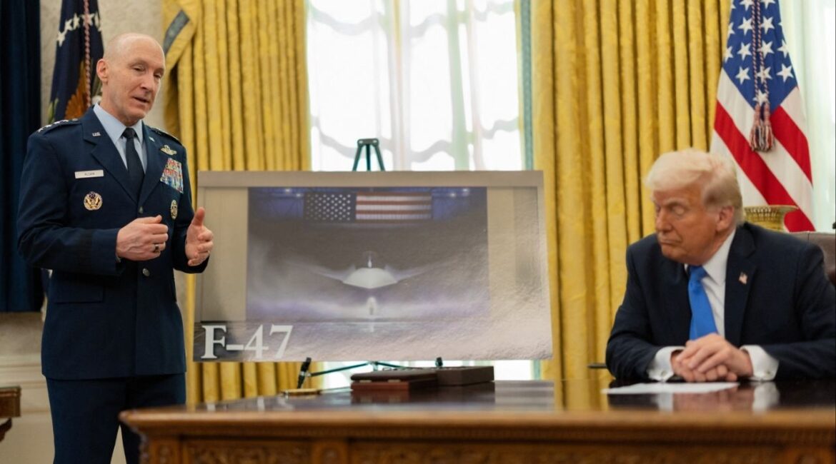 President Donald Trump listen to U.S. Chief of Staff of the Air Force David W. Allvin next to an image of an F-47 sixth-generation fighter jet in the Oval Office at the White House, in Washington