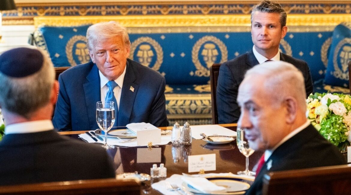 President Donald Trump, together with Pete Hegseth, Secretary of Defense, meets with Israeli Prime Minister Benjamin Netanyahu for dinner at the White House in Washington, July 7, 2025. President Trump praised Prime Minister Benjamin Netanyahu of Israel as a “war hero” for ordering his country’s forces to bombard Iran’s nuclear sites — and then said that the same label should apply to himself. (Haiyun Jiang/The New York Times)