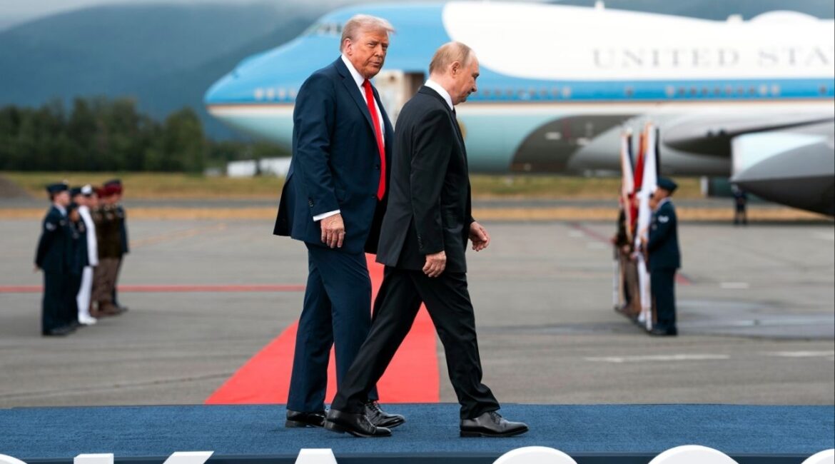 President Trump walks with Russian President Vladimir Putin as Putin arrives as Joint Base Elmendorf Richardson in Anchorage, Alaska, where the two leaders will hold a meetings to end the war in Ukraine, Friday, Aug, 15, 2025. The president of Ukraine and his European allies are to visit the White House on Monday, after President Trump backed Russia’s plan to end the war. (Doug Mills/The New York Times)