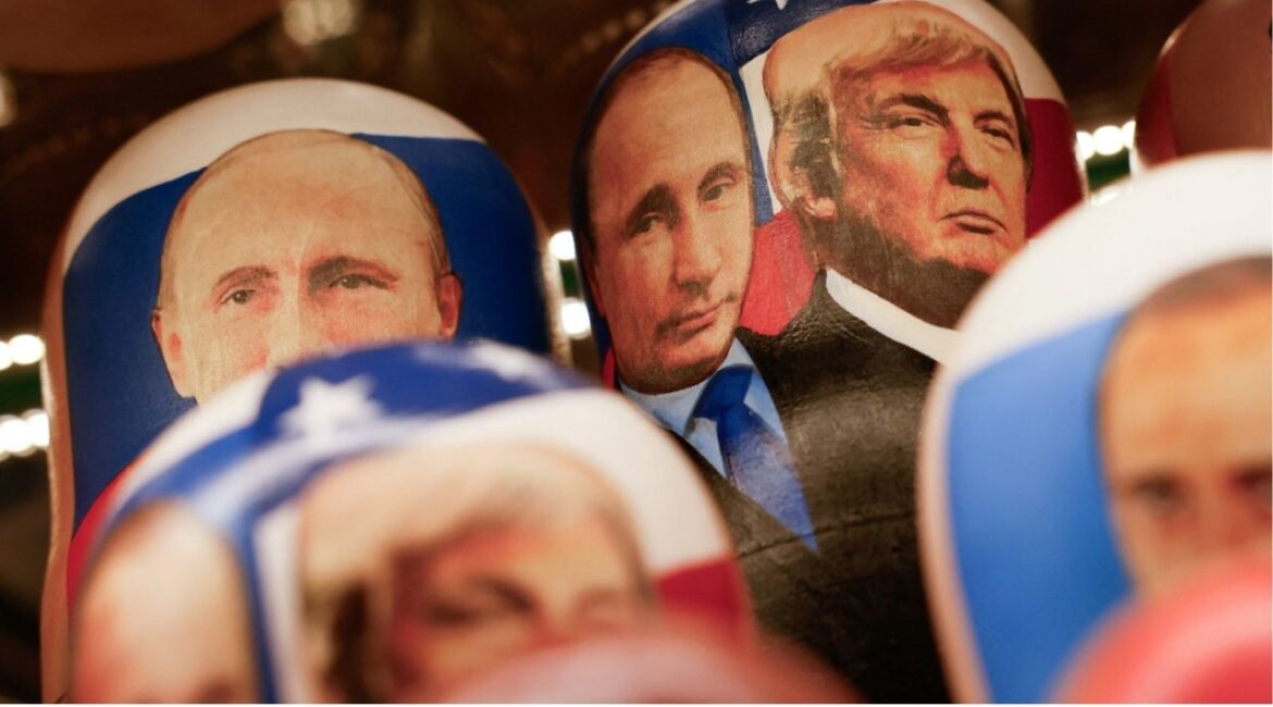 Russian traditional nesting dolls, known as Matryoshkas, with images of Russian President Vladimir Putin and U.S. President Donald Trump are placed on a shelf during a demonstration at a gift shop in central Moscow, Russia, August 12, 2025. (Reuters/Yulia Morozova)