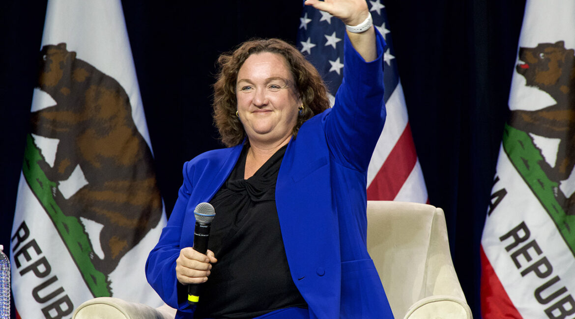 Katie Porter speaking at the CADEM Endorsing Convention General Session Senate Candidate Interviews Saturday afternoon.