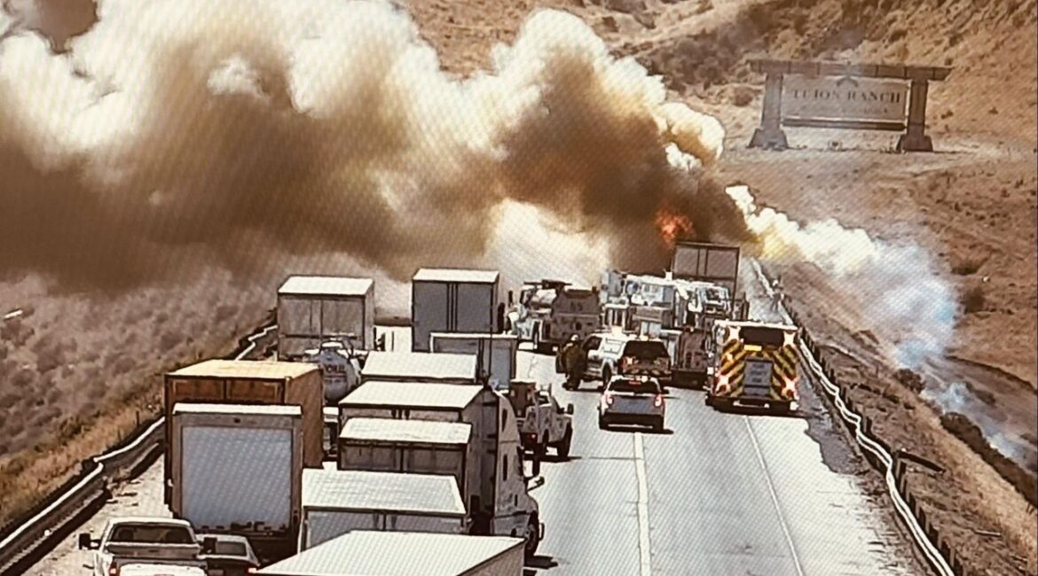 Southbound I-5 south of the Grapevine is closed as emergency crews respond to a fully engulfed commercial vehicle fire on Wednesday, August 27, 2025. (CHP)