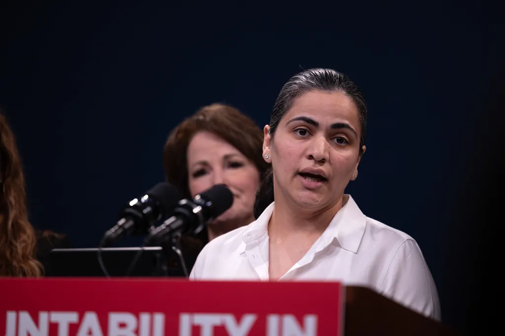 California state State Sen. Aisha Wahab speaks during a 2024 news conference