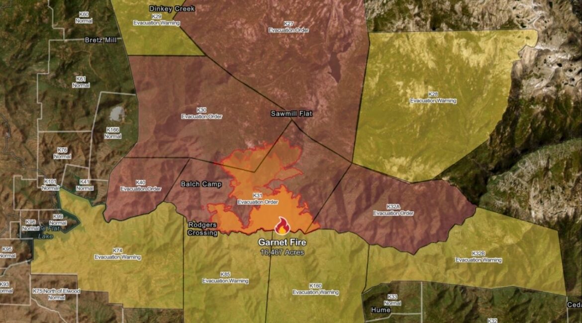 The Garnet Fire in the Sierra National Forest has grown to 16,467 acres with no containment, as more than 1,100 firefighters work to protect infrastructure and slow its spread as of Friday, August 29, 2025, morning. (CalFire)