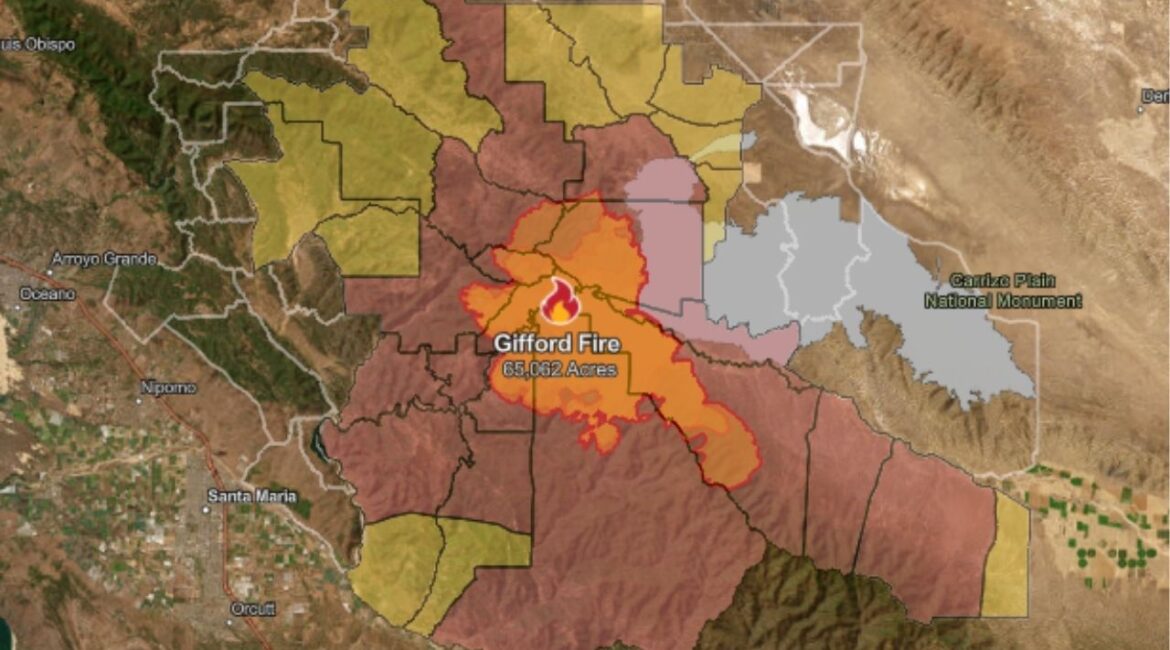 The Gifford Fire has grown to 65,062 acres with just 3% containment as of Monday, August 4, 2025, prompting widespread evacuation orders and warnings across San Luis Obispo and Santa Barbara counties. (CalFire)