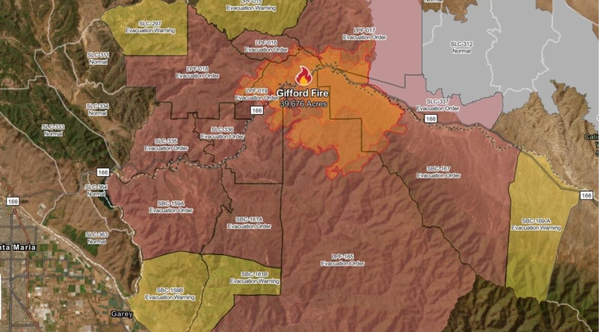 The Gifford Fire has scorched nearly 40,000 acres in Santa Barbara and San Luis Obispo counties as of Sunday, August 3, 2025, prompting multiple evacuation orders and the closure of Highway 166 as crews work to contain the fast-moving wildfire. (CalFire)