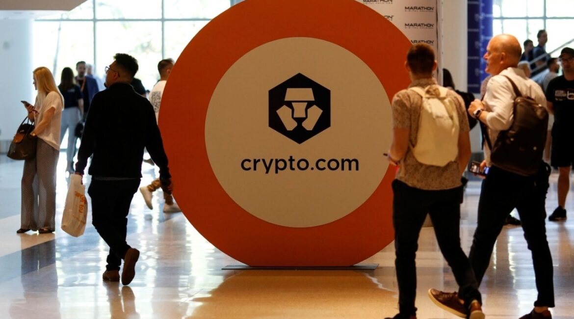 The logo of Crypto.com is seen at a stand during the Bitcoin Conference 2022 in Miami Beach, Florida, U.S. April 6, 2022. (Reuters File)