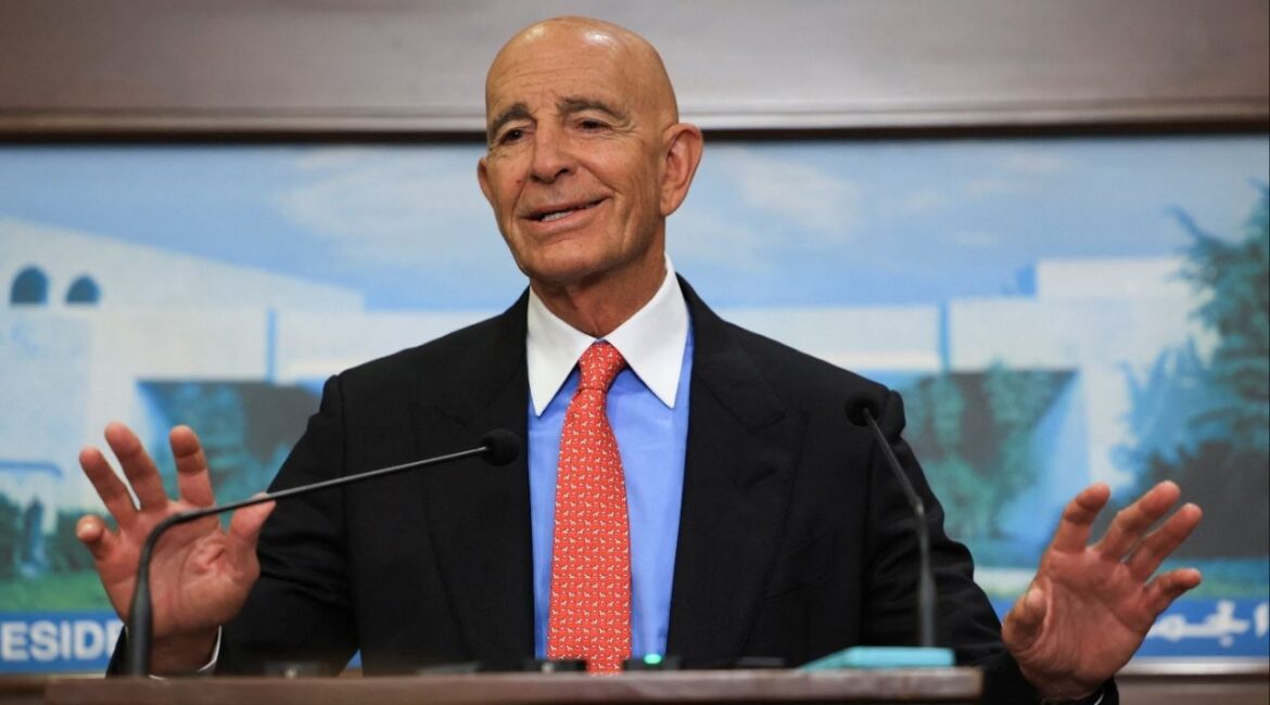 U.S. Ambassador to Turkey and U.S. special envoy for Syria Thomas Barrack speaks after meeting with Lebanese President Joseph Aoun (not pictured) at the presidential palace in Baabda, Lebanon August 26, 2025. (Reuters/Mohamed Azakir)
