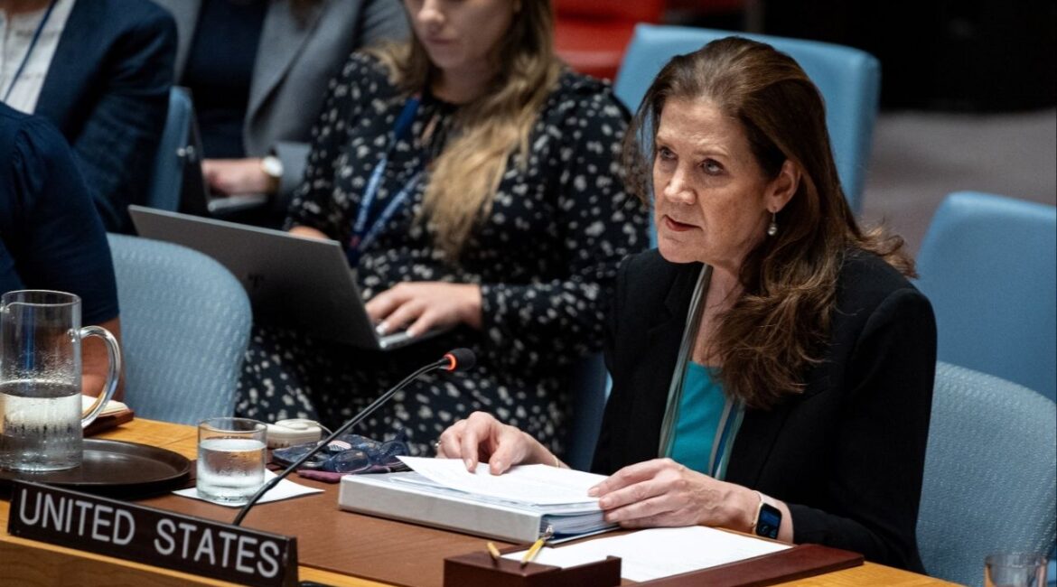 United States Ambassador to the United Nations Dorothy Shea addresses a meeting of the United Nations Security Council on the Israel and Palestinian conflict at U.N. Headquarters in New York City, U.S., August 27, 2025. (Reuters/Angelina Katsanis)