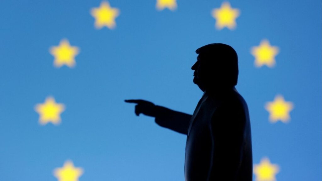 A 3D-printed miniature model depicting U.S. President Donald Trump and European Union flag in this illustration taken, April 17, 2025. (Reuters File)