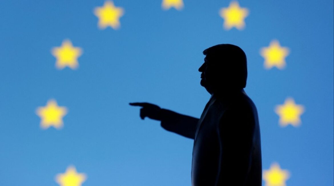 A 3D-printed miniature model depicting U.S. President Donald Trump and European Union flag in this illustration taken, April 17, 2025. (Reuters File)