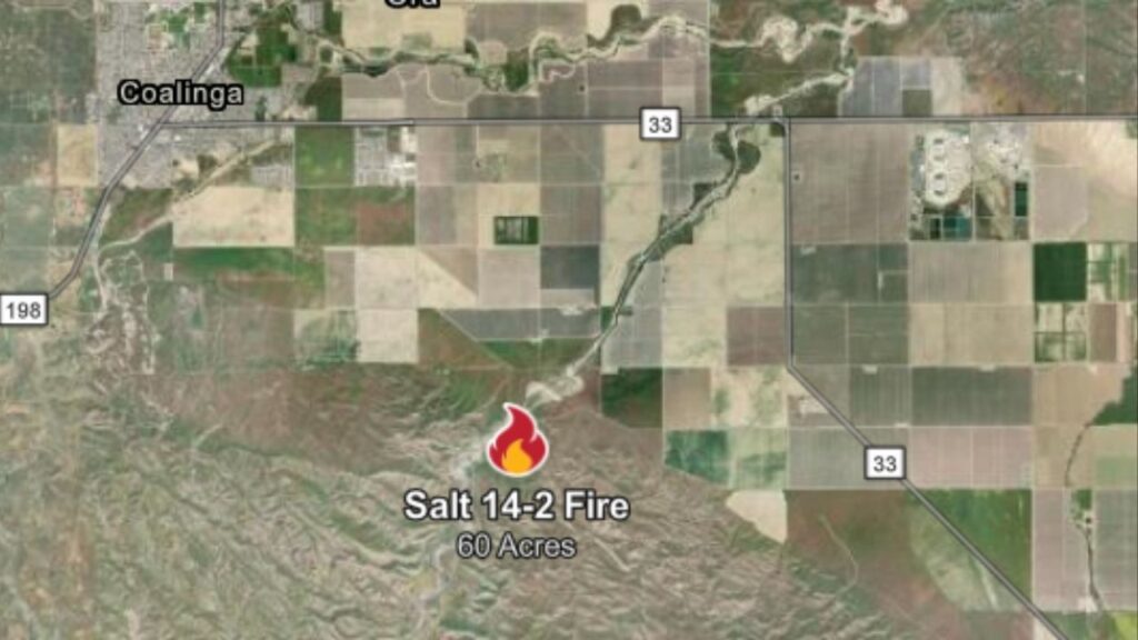 A 60-acre wildfire near Jacalitos Creek Road in Coalinga that started Tuesday, Sept. 2, 2025, remains fully active and inaccessible, with 70 firefighters and air tankers battling it, CalFire said. (CalFire)