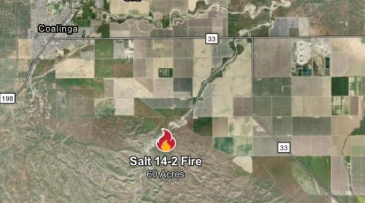 A 60-acre wildfire near Jacalitos Creek Road in Coalinga that started Tuesday, Sept. 2, 2025, remains fully active and inaccessible, with 70 firefighters and air tankers battling it, CalFire said. (CalFire)