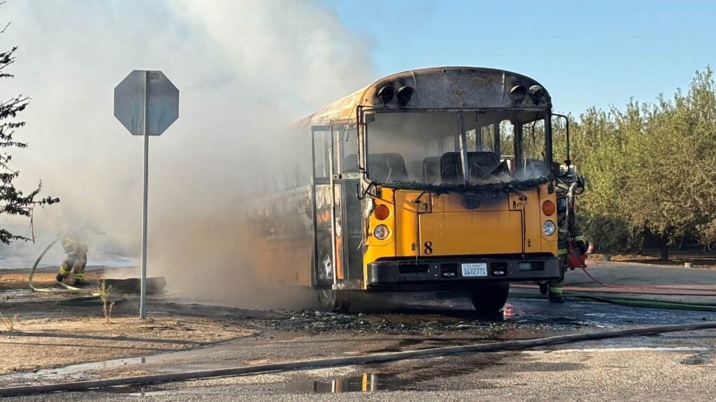 A Madera school bus caught fire Thursday, Sept. 4, 2025, morning due to a mechanical malfunction, but all students and the driver were safely evacuated. (Madera County SO)