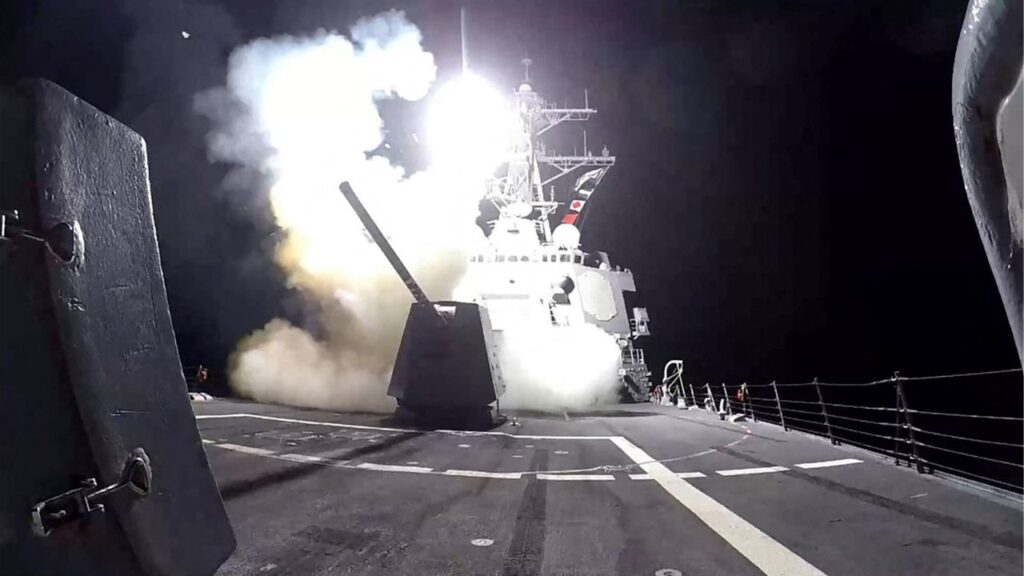 A Tomahawk land attack missile (TLAM) is launched from the U.S. Navy Arleigh Burke-class guided missile destroyer USS Gravely against what the U.S. military describe as Houthi military targets in Yemen, February 3, 2024. U.S. Central Command/Handout via REUTERS