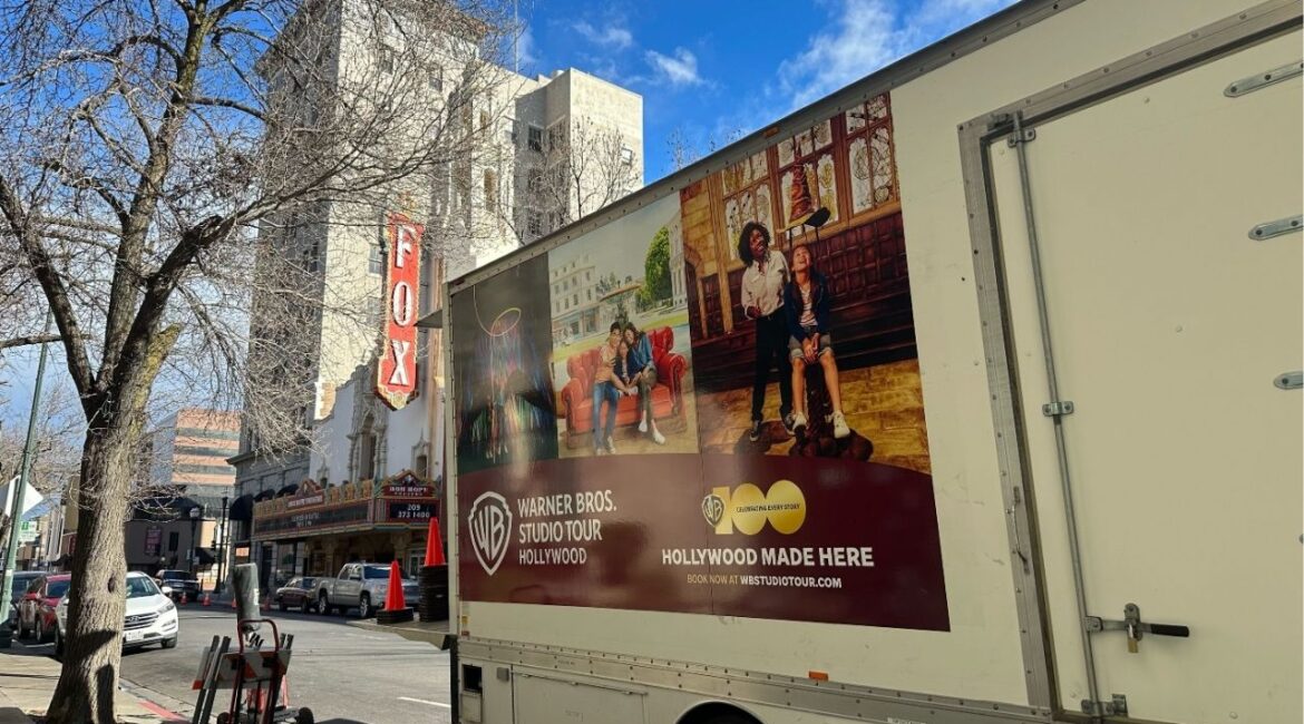 A Warner Bros. van sits in front of the Bob Hope Theatre in downtown Stockton on Monday, Feb. 5, 2024. (USA Today Network via Reuters)