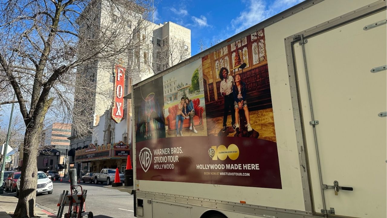 A Warner Bros. van sits in front of the Bob Hope Theatre in downtown Stockton on Monday, Feb. 5, 2024. (USA Today Network via Reuters)