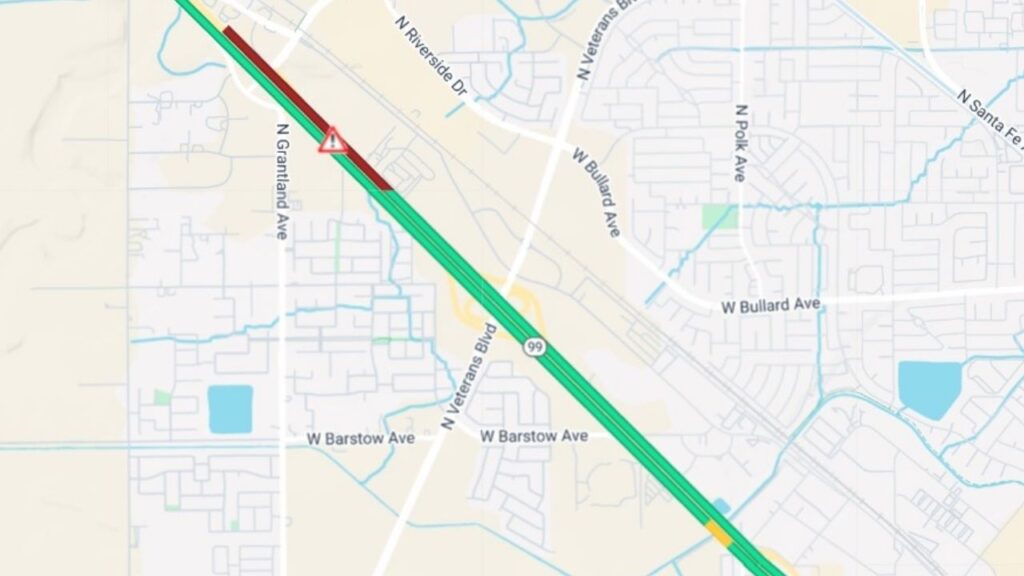 A car fire has blocked northbound Highway 99 at Herndon Avenue on Tuesday, Sept. 9, 2025, with no reopening time available and alternate routes recommended. (CalTrans)