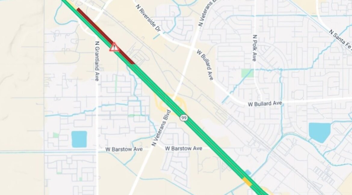 A car fire has blocked northbound Highway 99 at Herndon Avenue on Tuesday, Sept. 9, 2025, with no reopening time available and alternate routes recommended. (CalTrans)