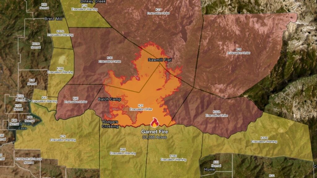 A map of Fresno County's Garnet Fire on Friday, Sept. 5, 2025, showing the evacuation order and warning zones. (CalFire)