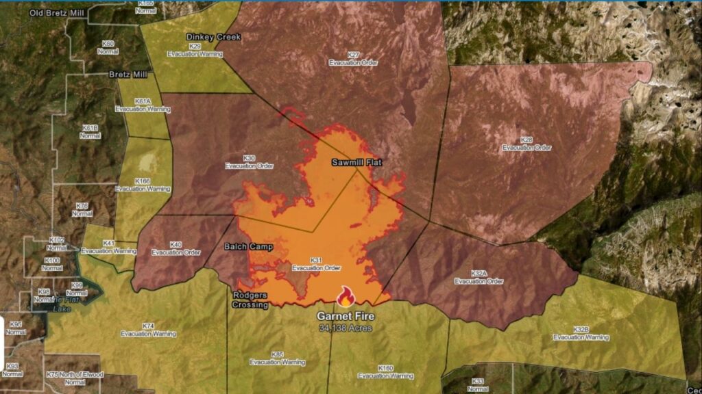 A map of the Garnet Fire in Fresno County with Evacuation Orders, Warnings listed as of Saturday, Sept. 6, 2025, morning. (CalFire)