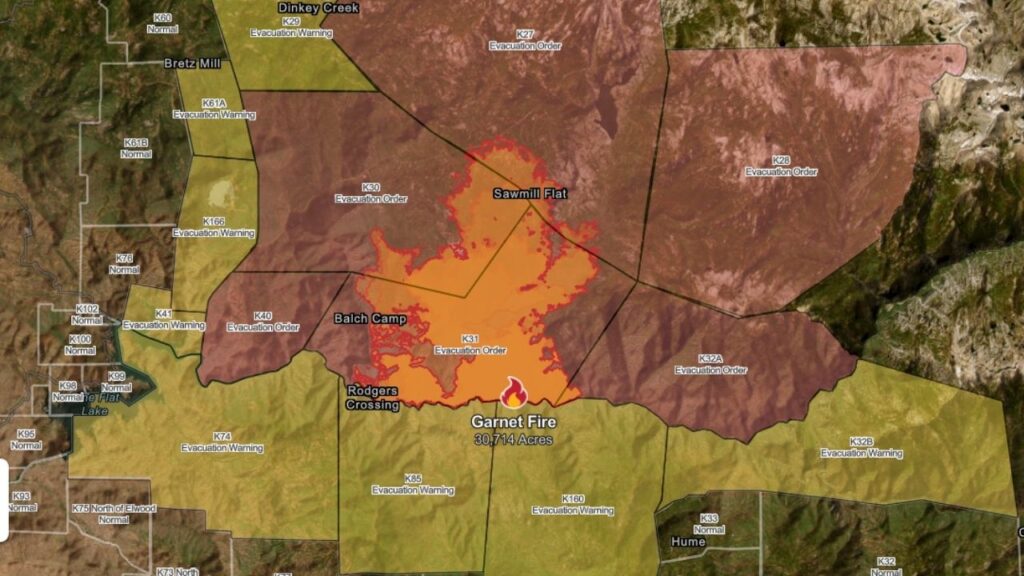 A map of the Garnet Fire, including evacuation orders and warnings, as of Thursday, Sept. 4, 2025. (CalFire)