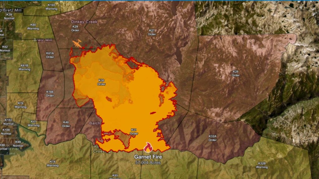 A map of the Garnet Fire showing evacuation order and warning zones as of Thursday, Sept. 11, 2025. (CalFire)