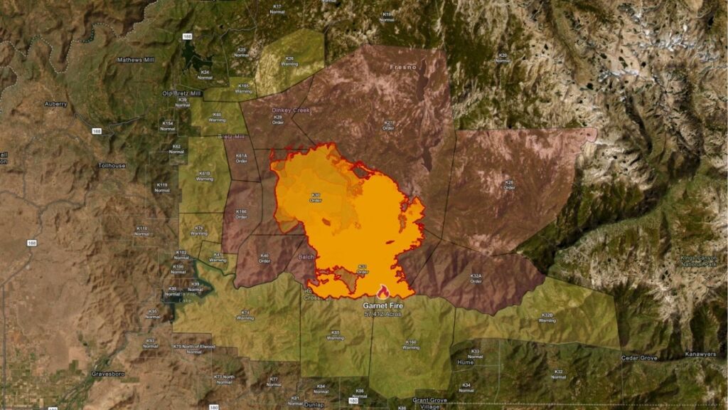 A map of the Garnet Fire with current evacuation warnings and orders as of Friday, Sept. 12, 2025. (CalFire)