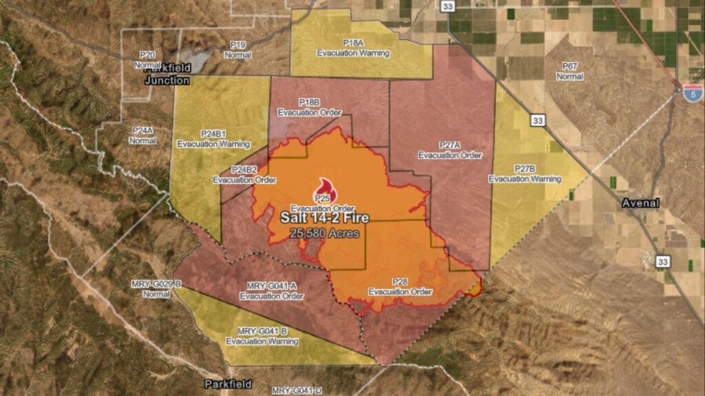 A map of the Salt 14-2 Fire in Fresno and Monterey counties showing evacuation warnings, orders as of Monday, Sept. 8, 2025, morning. (CalFire)